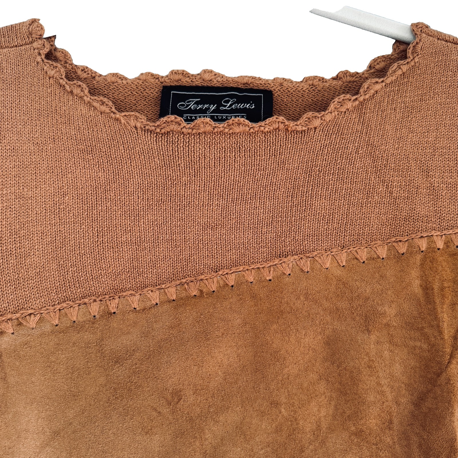 Terry Lewis Vintage Classic Luxuries Size Large Artsy Camel Leather Trim Sweater — image 3 of 8
